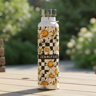 Retro Groovy Gänseblümchen Schachbrett Personalisi Trinkflasche