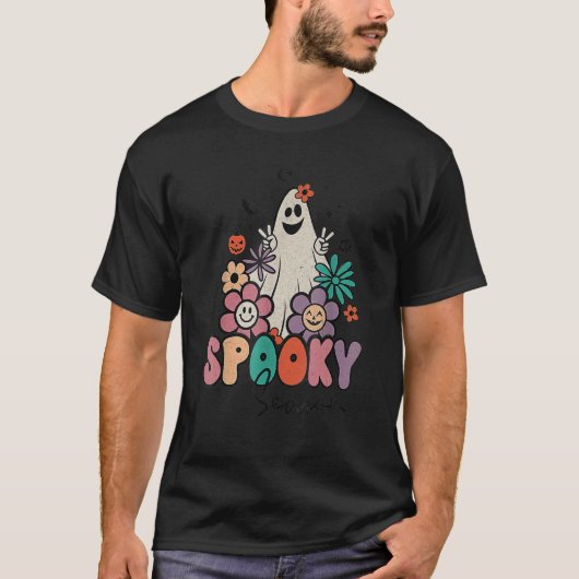 Retro Groovy Ghost Spooky Season Lazy Halloween Co T-Shirt (Vorderseite)