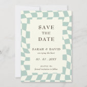 Retro Groovy Green Checkerboard Foto Save The Date (Vorderseite)