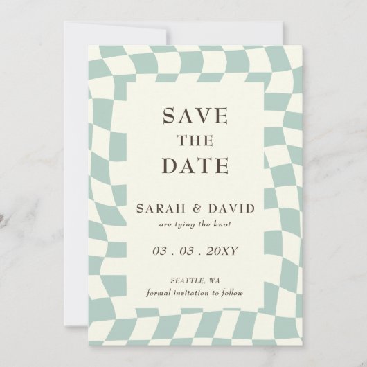 Retro Groovy Green Checkerboard Foto Save The Date (Vorderseite)