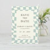 Retro Groovy Green Checkerboard Foto Save The Date (Stehend Vorderseite)