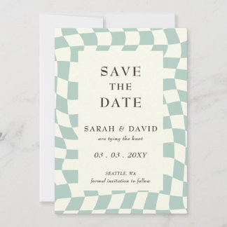 Retro Groovy Green Checkerboard Foto Save The Date