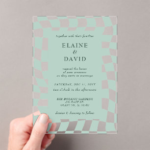 Retro Groovy Green Checkerboard Hochzeit Acryleinladungen