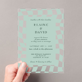 Retro Groovy Green Checkerboard Hochzeit Acryleinladungen