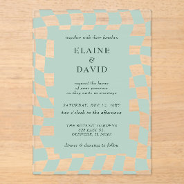 Retro Groovy Green Checkerboard Hochzeit Acryleinladungen