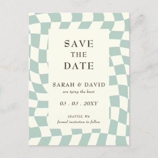 Retro Groovy Green Checkerboard Hochzeit Ankündigungspostkarte