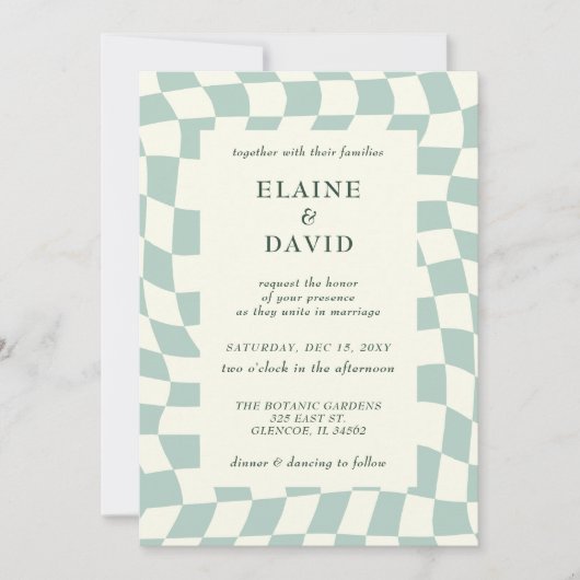 Retro Groovy Green Checkerboard Hochzeit Einladung (Vorderseite)