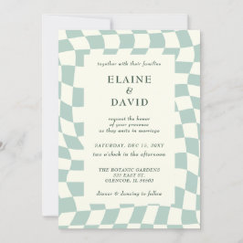 Retro Groovy Green Checkerboard Hochzeit Einladung
