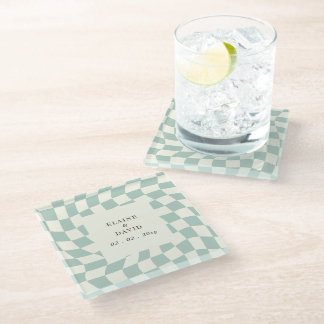 Retro Groovy Green Checkerboard Hochzeit Glasuntersetzer