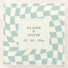 Retro Groovy Green Checkerboard Hochzeit Glasuntersetzer