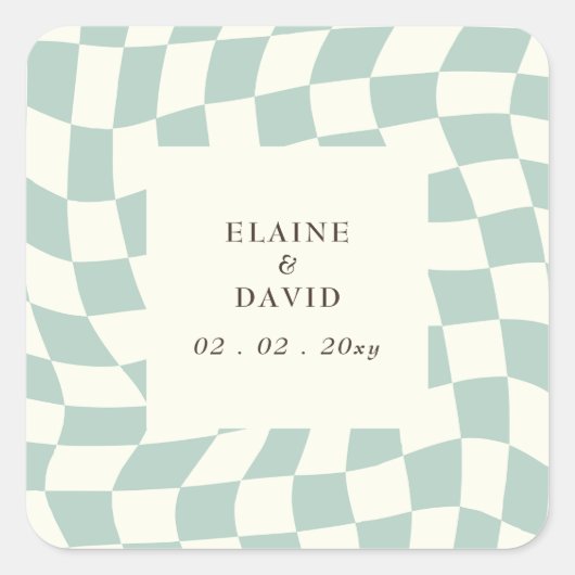 Retro Groovy Green Checkerboard Hochzeit Quadratischer Aufkleber (Vorderseite)