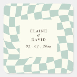 Retro Groovy Green Checkerboard Hochzeit Quadratischer Aufkleber