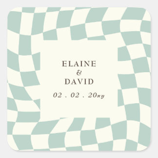 Retro Groovy Green Checkerboard Hochzeit Quadratischer Aufkleber