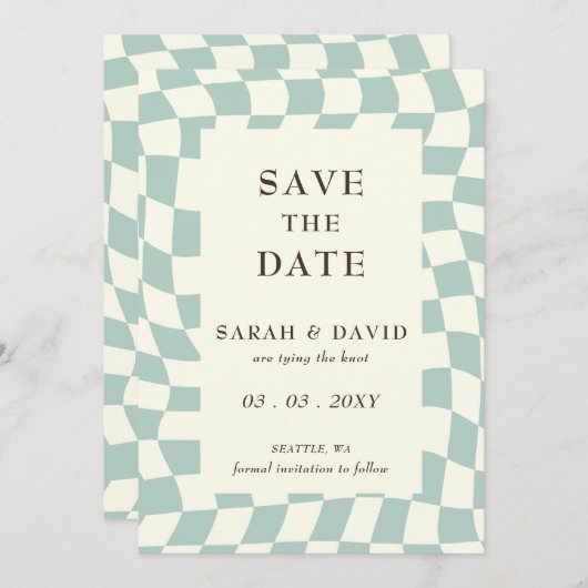 Retro Groovy Green Checkerboard Hochzeit Save The Date (Vorne/Hinten)