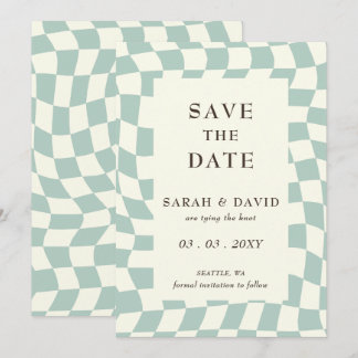 Retro Groovy Green Checkerboard Hochzeit Save The Date
