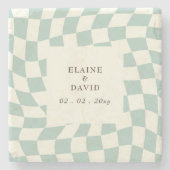 Retro Groovy Green Checkerboard Hochzeit Steinuntersetzer (Vorderseite)