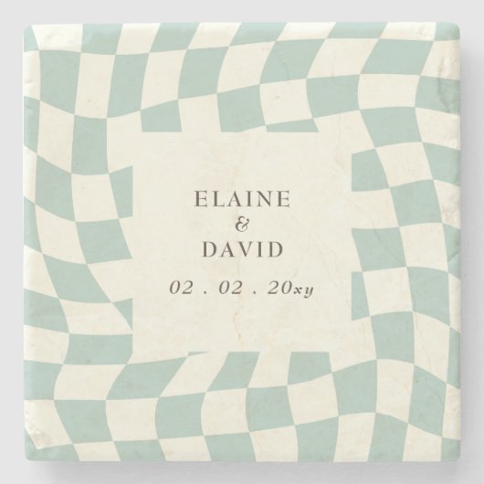 Retro Groovy Green Checkerboard Hochzeit Steinuntersetzer (Vorderseite)