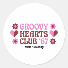  Retro Groovy Hearts Club '67 Pink Brown Valentine Runder Aufkleber