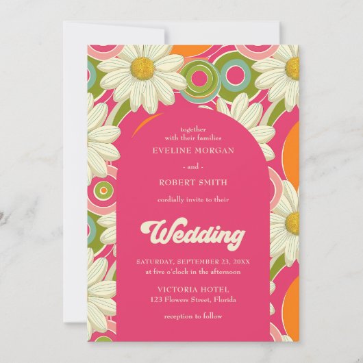 Retro Groovy, hellrosa, orange und weiße Gänse Einladung (Vorderseite)