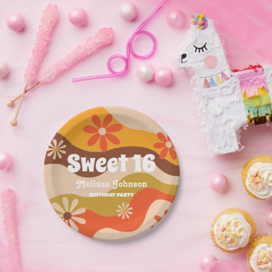 Retro Groovy Hippie Blume Sweet 16 Pappteller (Party)