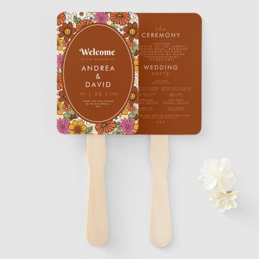 Retro Groovy Hippie Daisy Floral Terracotta 70er Fächer (Vorne und Hinten)