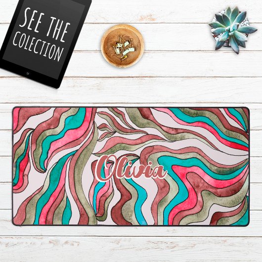 Retro Groovy Hot Pink Burgundy Wavy Script Name Schreibtischunterlage