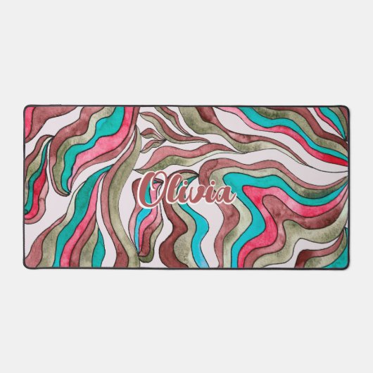 Retro Groovy Hot Pink Burgundy Wavy Script Name Schreibtischunterlage (Vorderseite)