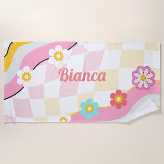 Retro Groovy Individuelle Name Strandtuch Bridesma (Vorderseite)