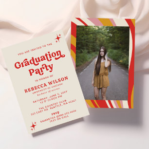 Retro Groovy Ivory Red 70er Graduation Party Foto Einladung