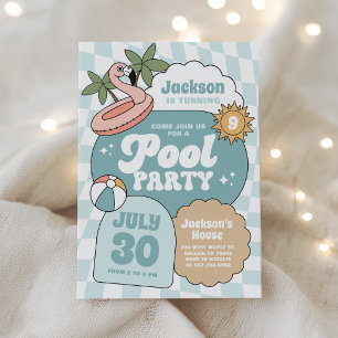 Retro Groovy Jungen-Poolparty Geburtstag Einladung