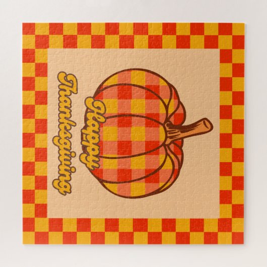 Retro Groovy Kariert Pumpkin Checkered Erntedank Puzzle (Horizontal)