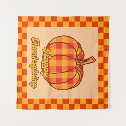 Retro Groovy Kariert Pumpkin Checkered Erntedank Wandteppich (Vorderseite (Horizontal))