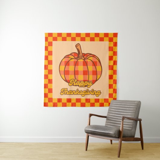 Retro Groovy Kariert Pumpkin Checkered Erntedank Wandteppich (Beispiel)