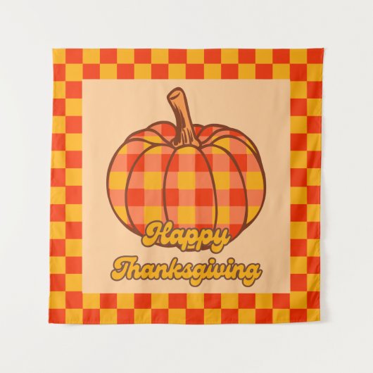 Retro Groovy Kariert Pumpkin Checkered Erntedank Wandteppich (Vorderseite)