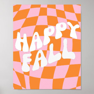Retro Groovy Karierte Pink Und Orange Herbst Wand  Poster