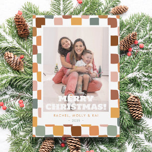 Retro Groovy Karo-Familienfoto-Weihnachtsspaß Feiertagskarte