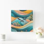 Retro Groovy Landschaft Stilvoll Mit Monogramm Quadratische Wanduhr (Zuhause)