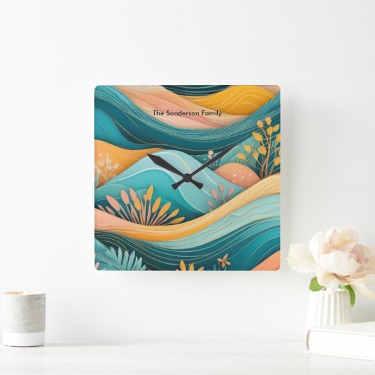 Retro Groovy Landschaft Stilvoll Mit Monogramm Quadratische Wanduhr (Zuhause)