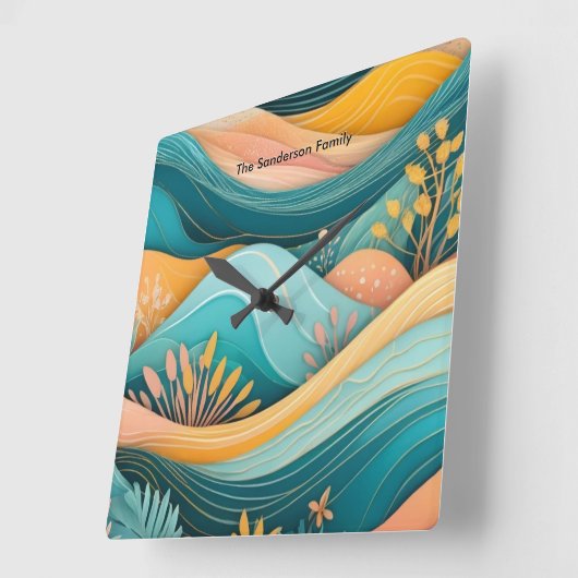 Retro Groovy Landschaft Stilvoll Mit Monogramm Quadratische Wanduhr (Winkel)