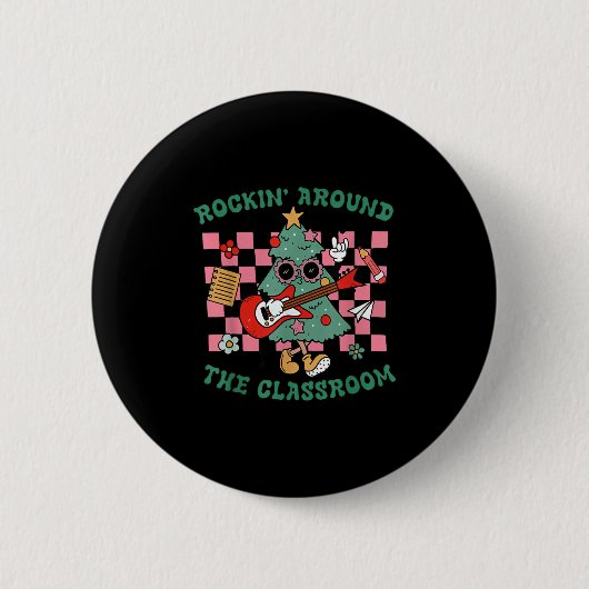 Retro Groovy Lehrer Weihnachten Rockin 'Around The Button (Vorderseite)