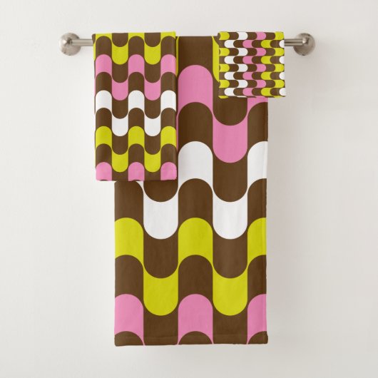Retro Groovy Limon Pink Brown Abstrakt Art Muster Badhandtuch Set (Insitu)