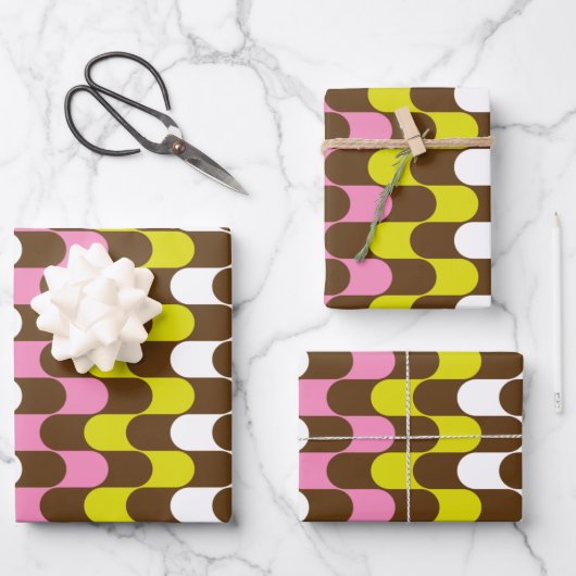 Retro Groovy Limon Pink Brown Abstrakt Art Muster Geschenkpapier Set (Vorderseite)