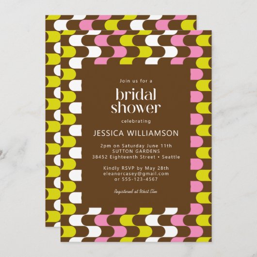 Retro Groovy Limon rosa und braun Brautparty Einladung (Vorne/Hinten)