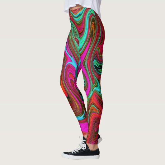 Retro Groovy Magenta, Abstrakte Kunst in Rot und B Leggings (Links)