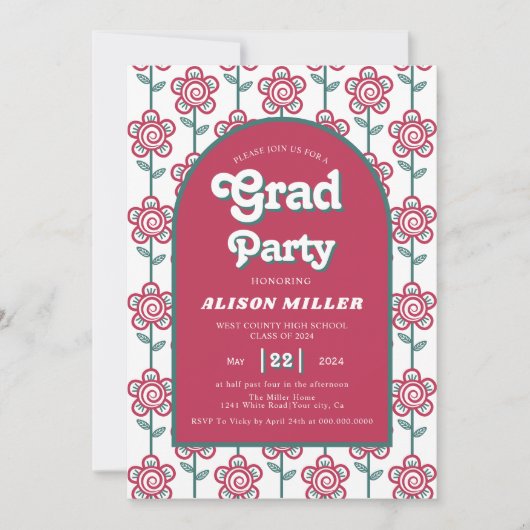 Retro Groovy magenta, aquamarine Blume 70er Abschl Einladung (Vorderseite)