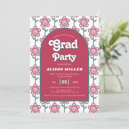 Retro Groovy magenta, aquamarine Blume 70er Abschl Einladung (Stehend Vorderseite)