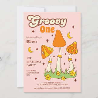 Retro Groovy Magic Hippie Mushroom 1. Geburtstag Einladung