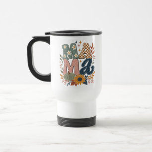 Retro Groovy Mama Herbst-Kürbis-Sonnenblumen-Grafi Reisebecher
