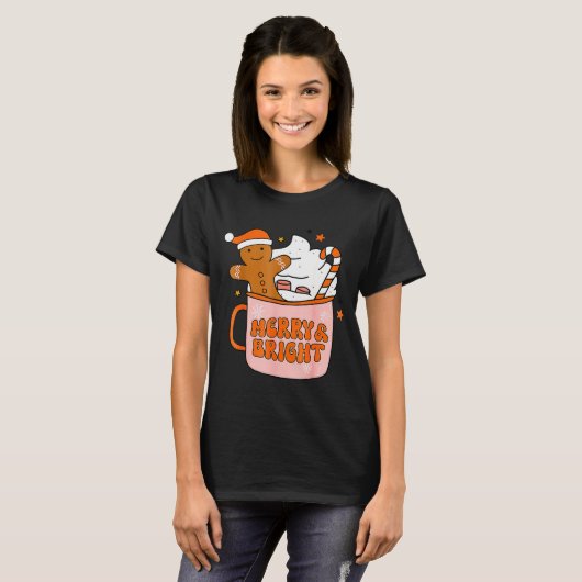 Retro Groovy Merry And Bright Gingerbread Christma T-Shirt (Vorne ganz)