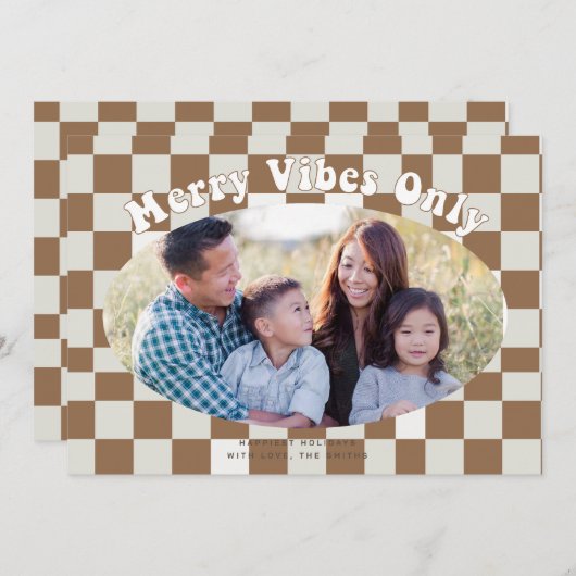 Retro Groovy Merry Vibes nur mit Buffalo Kariert Einladung (Vorne/Hinten)